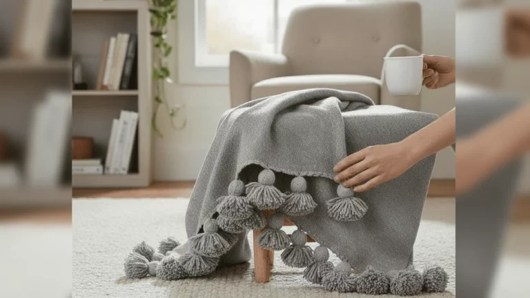 couverture marocaine fait main laine plaid gris pompons decoration interieur salon