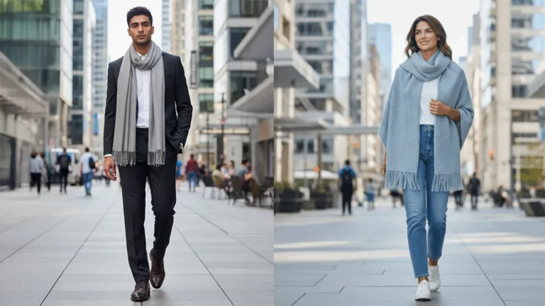 echarpe artisanale unisexe en laine naturelle portee par homme et femme en milieu urbain
