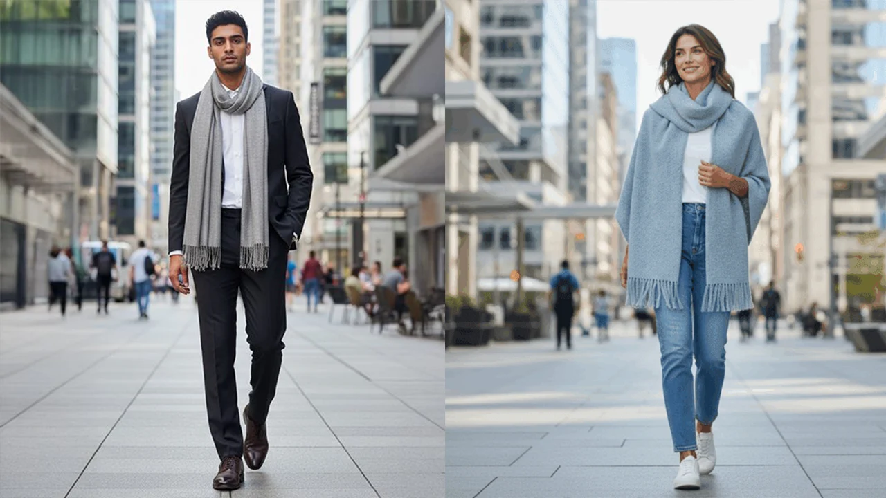 echarpe artisanale unisexe en laine naturelle portee par homme et femme en milieu urbain