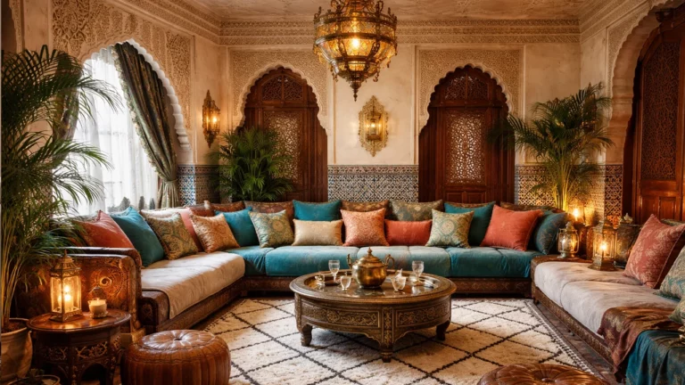 Salon marocain traditionnel avec canapé en U, coussins colorés et décoration orientale élégante.