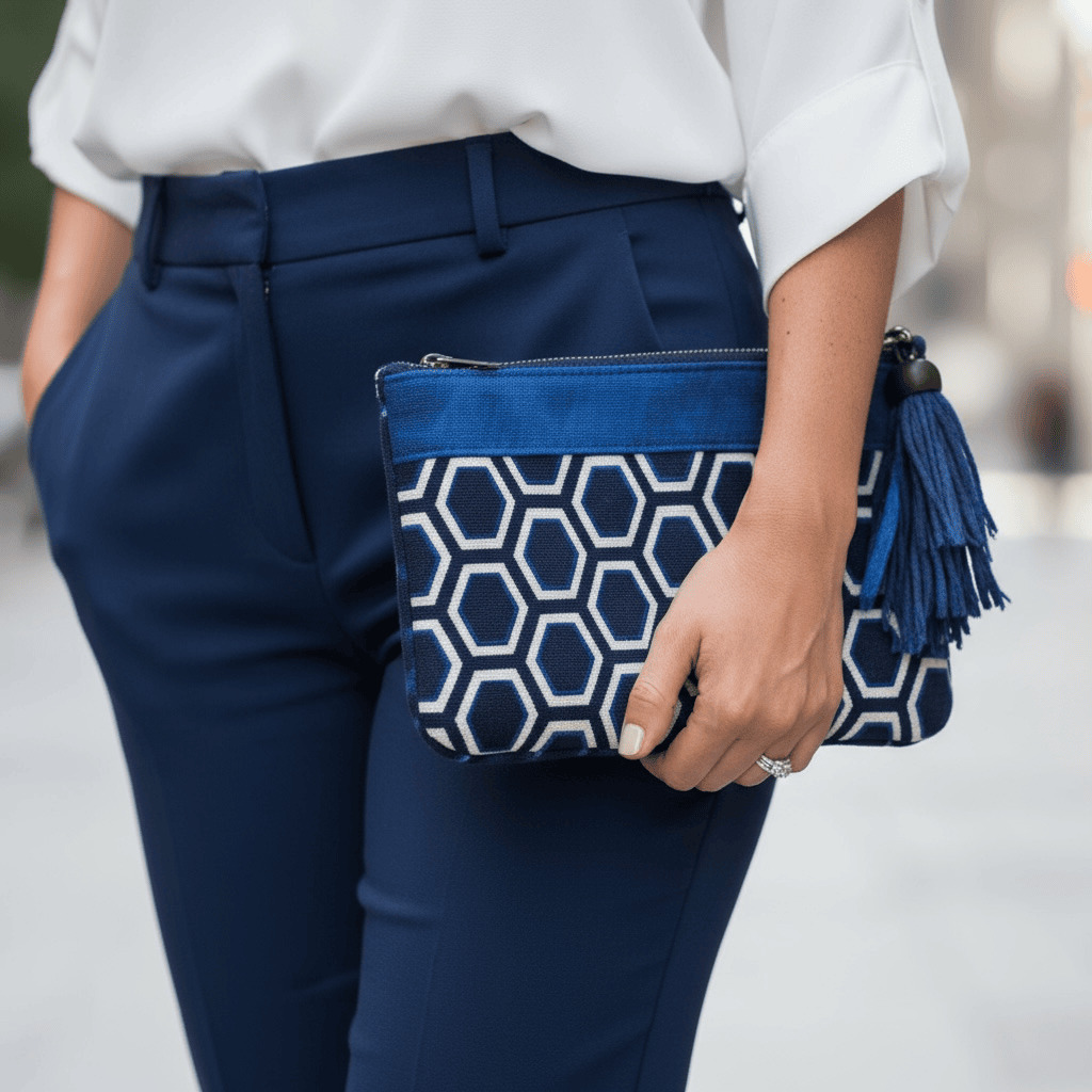 Pochette bleu pompon bleu