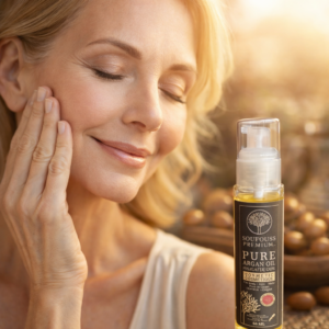 Femme à la peau mature appliquant de l’huile d’argan pure Soufouss Premium sur son visage pour hydrater et nourrir la peau.