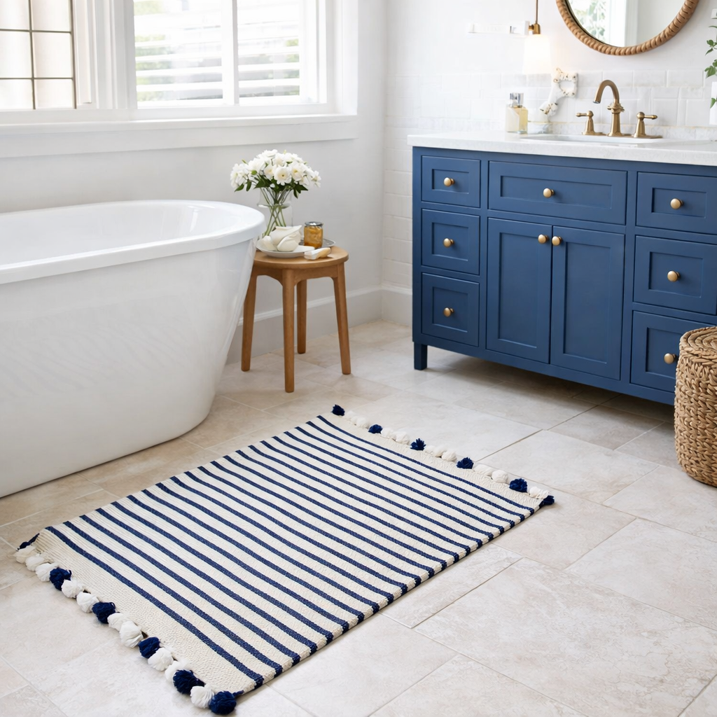 tapis tissé rayé bleu tapis de bain coton rayé bleu marine
