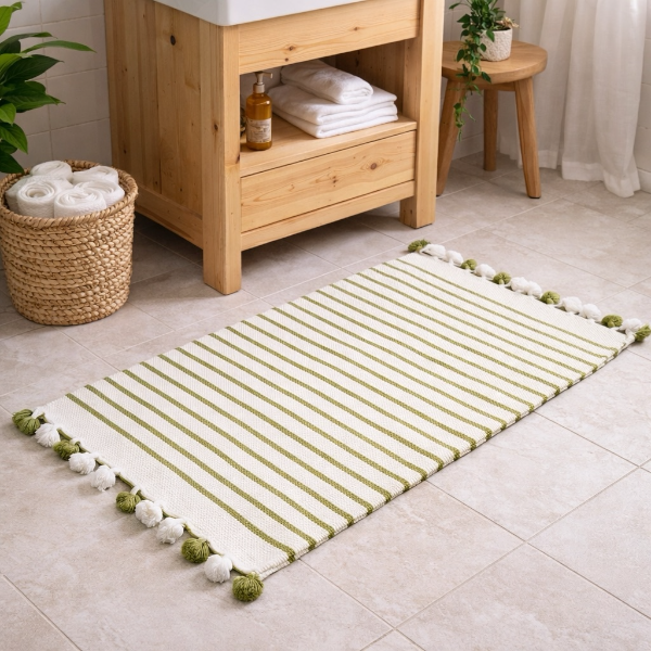 tapis de bain vert anis rayé en coton avec pompons tapis de bain vert anis