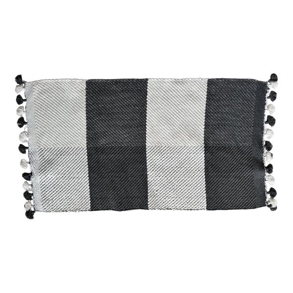 tapis de bain graphique coton avec pompons Tapis de bain graphique gris foncé et blanc naturel avec pompons